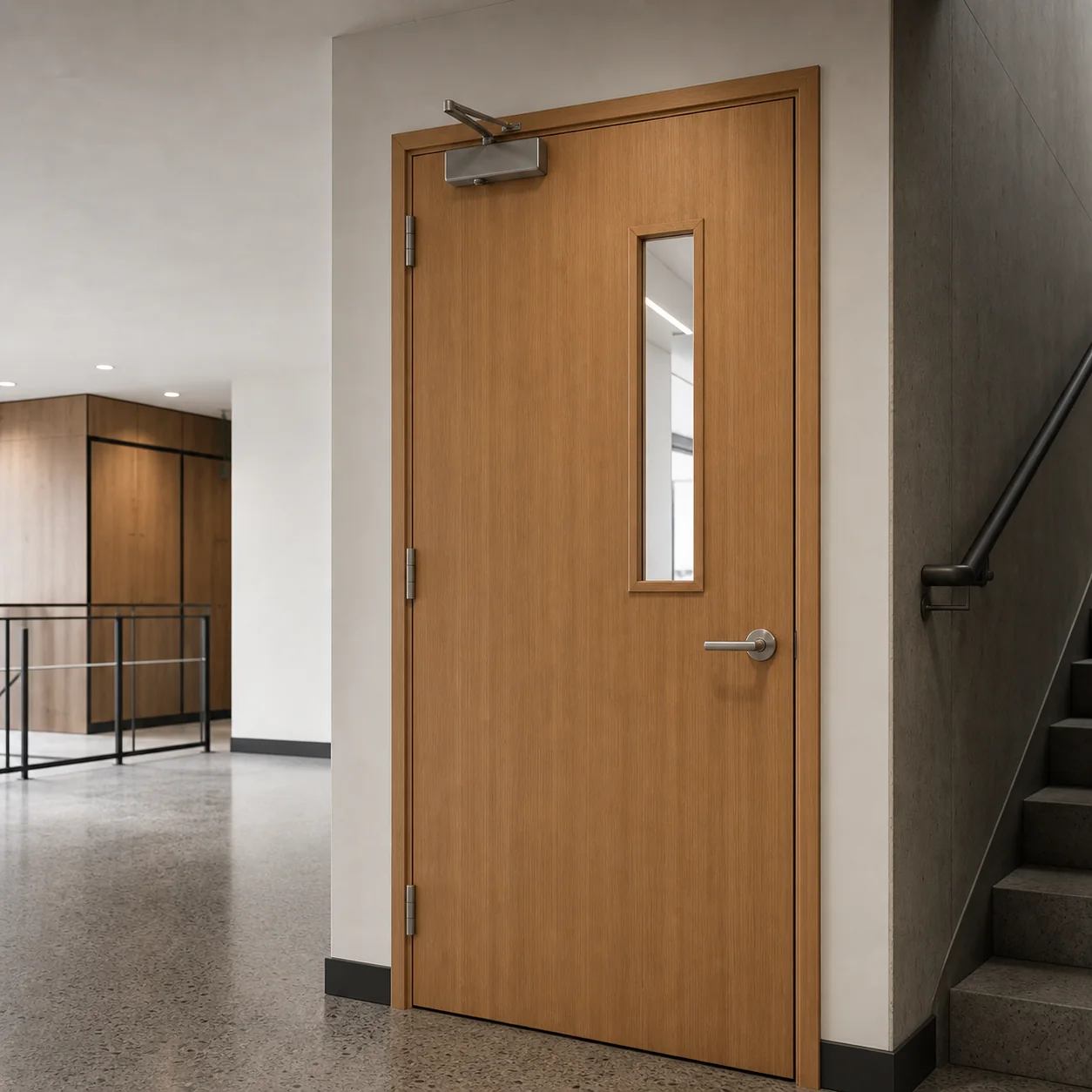 Fire door variation with closer and narrow vision panel