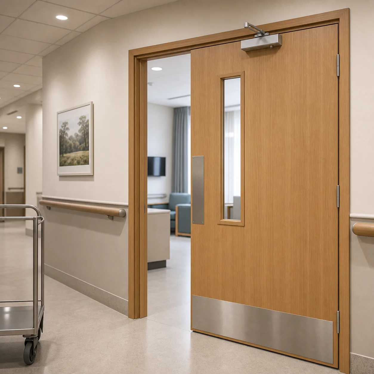 Healthcare door variation with vision panel and kick plate