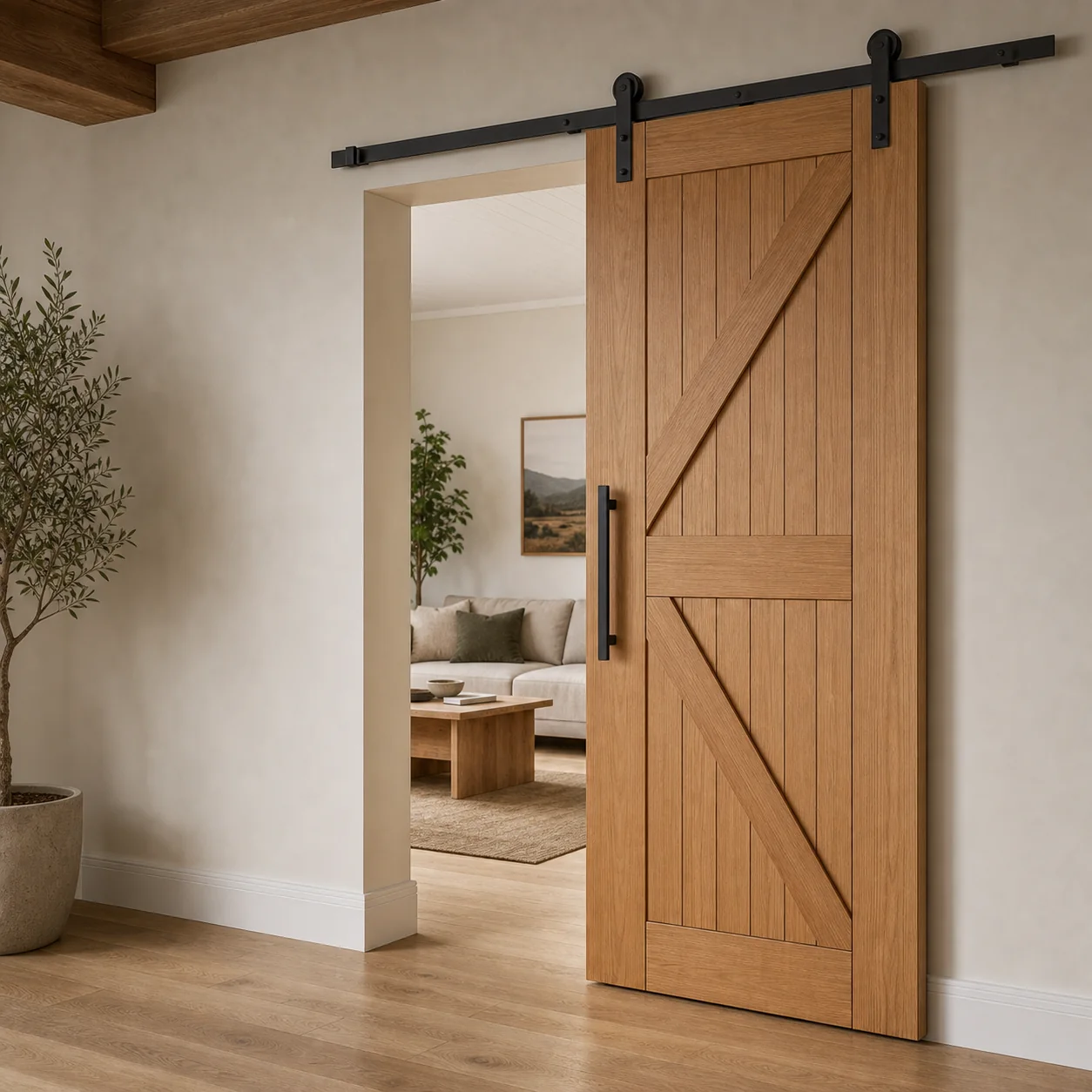Barn-style timber sliding interior door variation on black face-slider hardware