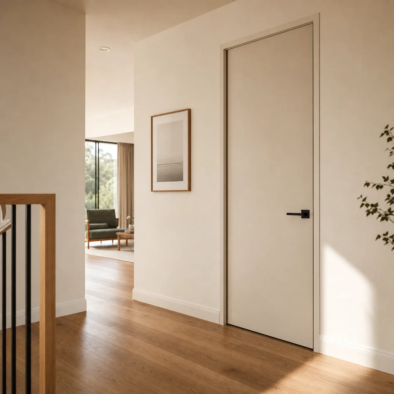 Flush interior door variation in a modern hallway