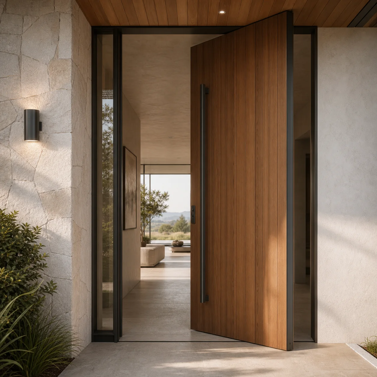 Oversized timber pivot door variation in an architectural entry