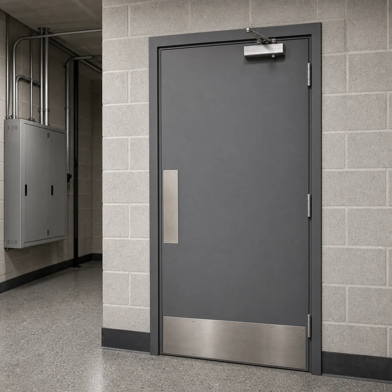Steel-clad commercial door variation with robust hardware