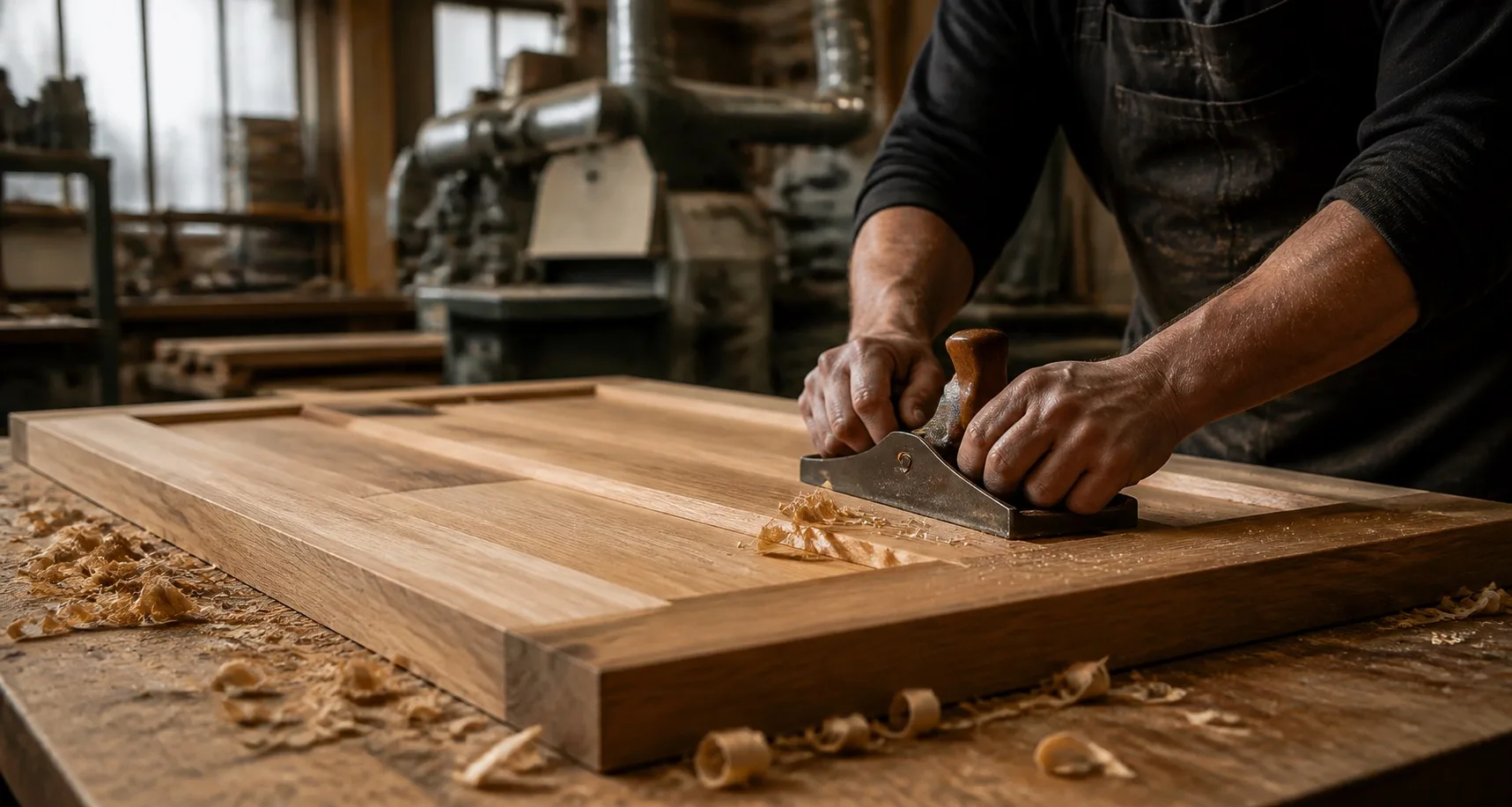 Joiner shaping a custom timber door panel in the Brightwater Joinery workshop