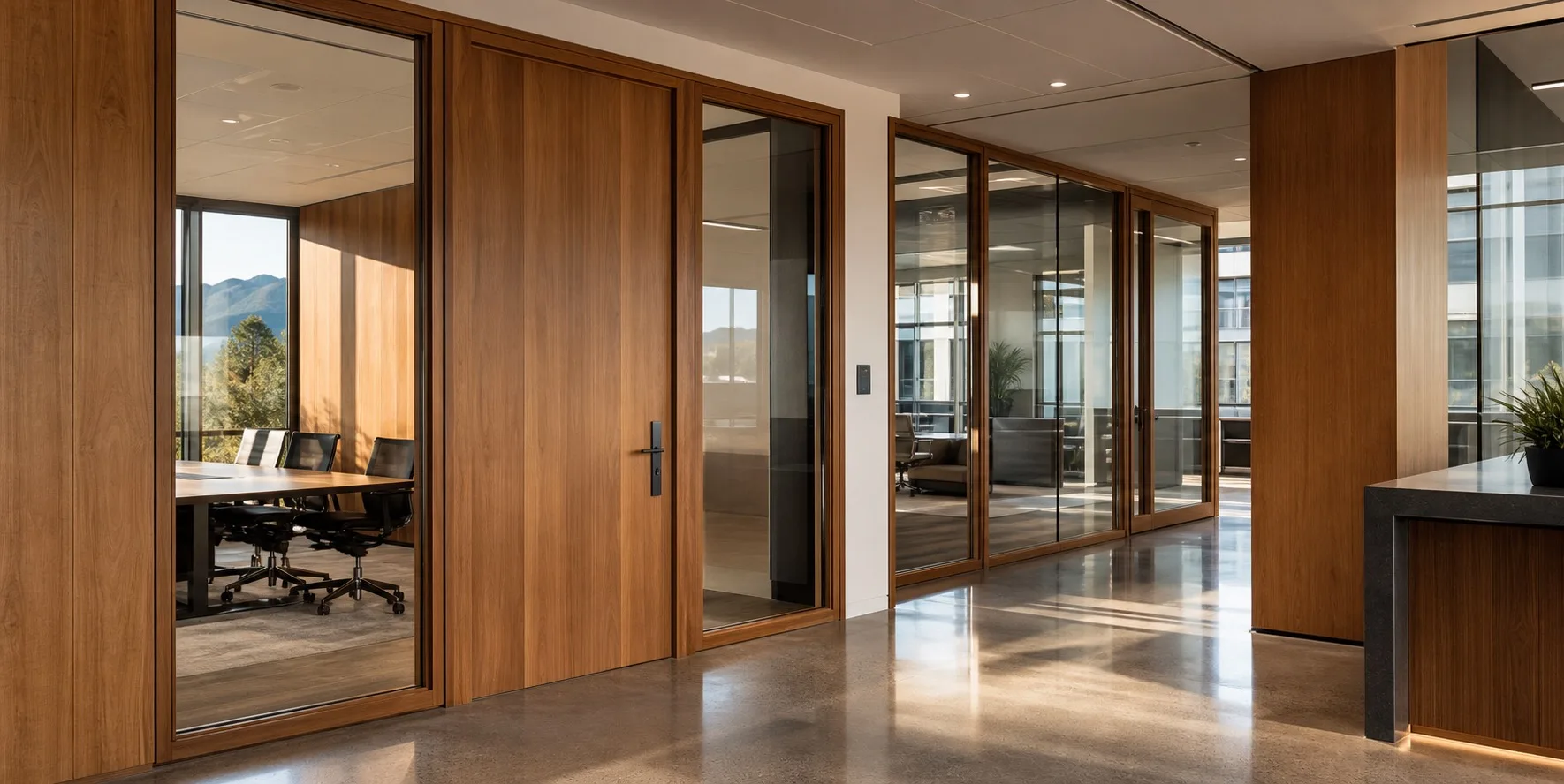 Commercial interior with custom timber doors, glazing, and warm natural light