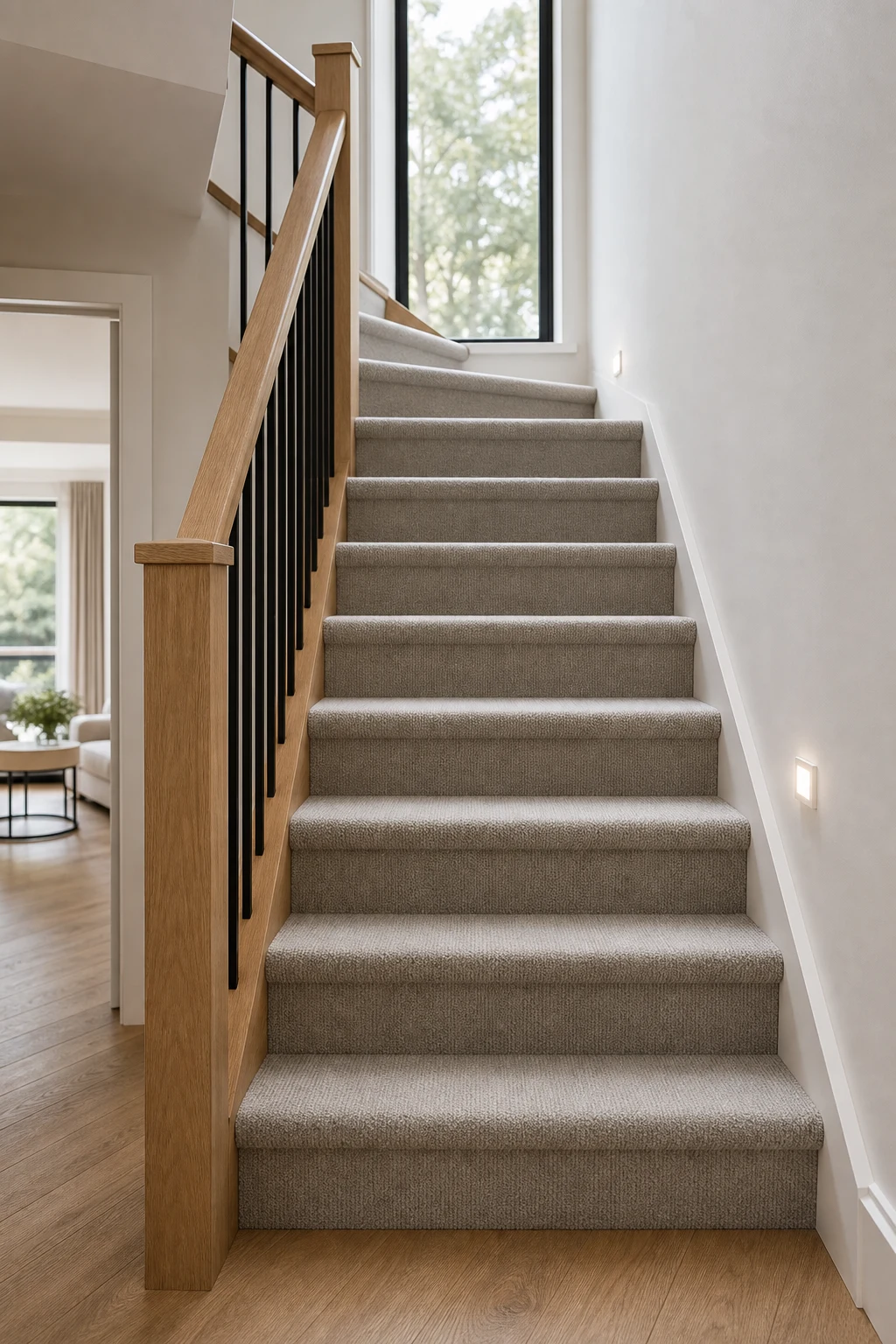 Carpeted residential staircase with timber handrail