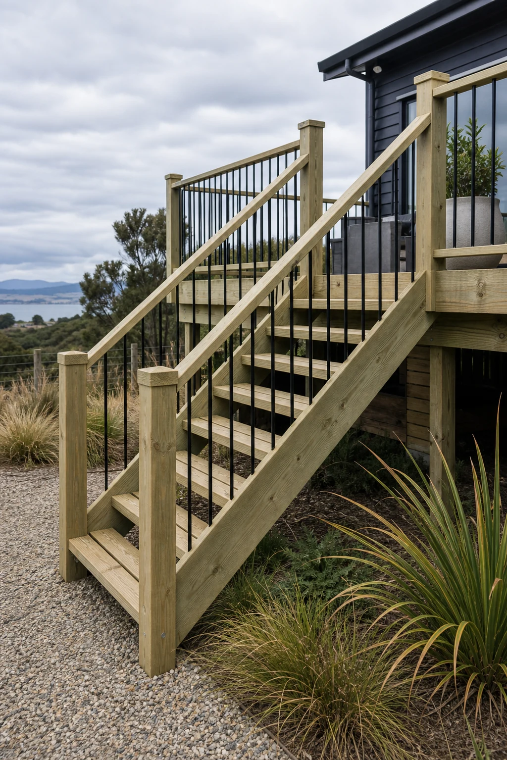 Exterior H3 treated pine open-riser stairs with two-piece treads