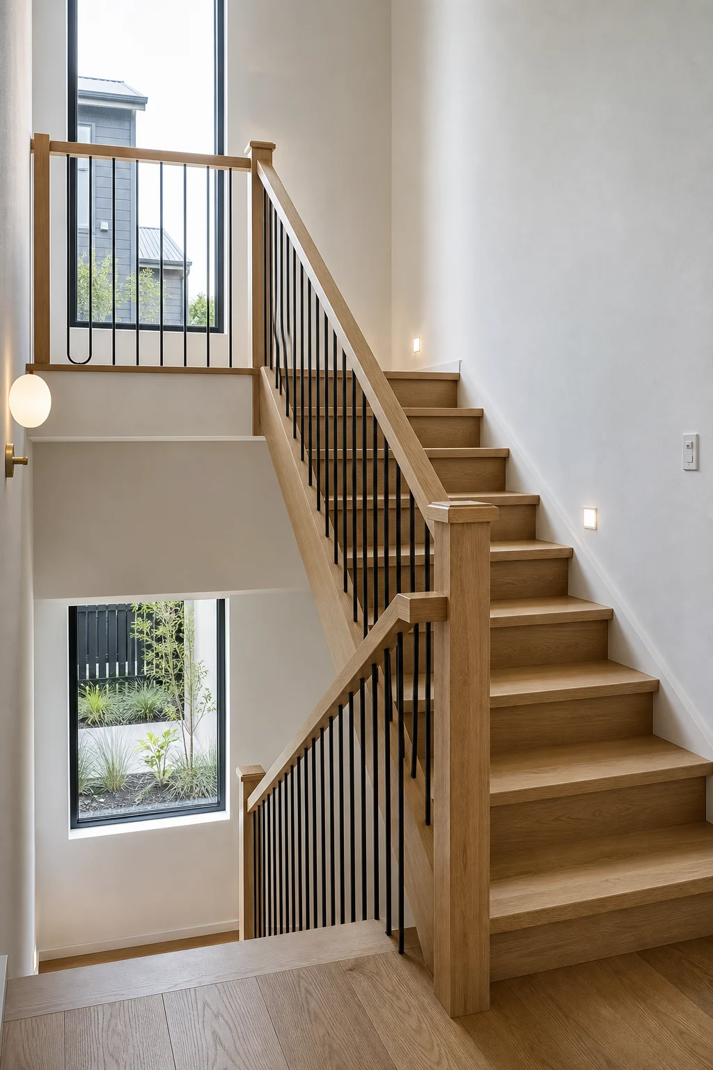 U-shaped half-turn timber staircase with landing