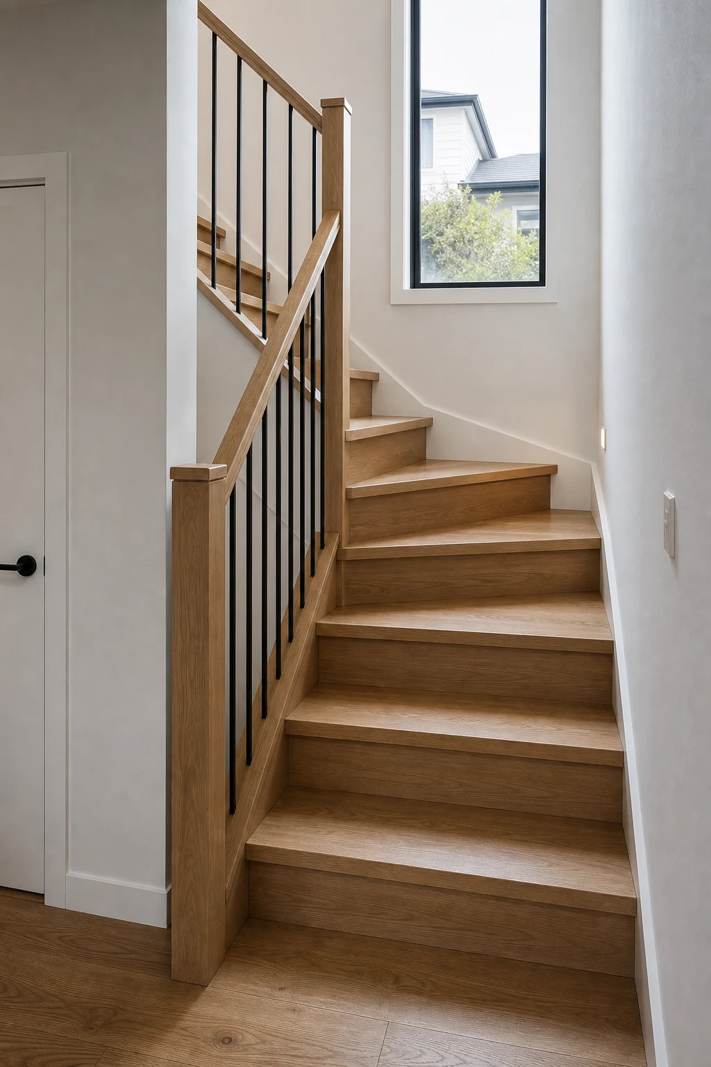 Compact timber winder staircase with tapered treads