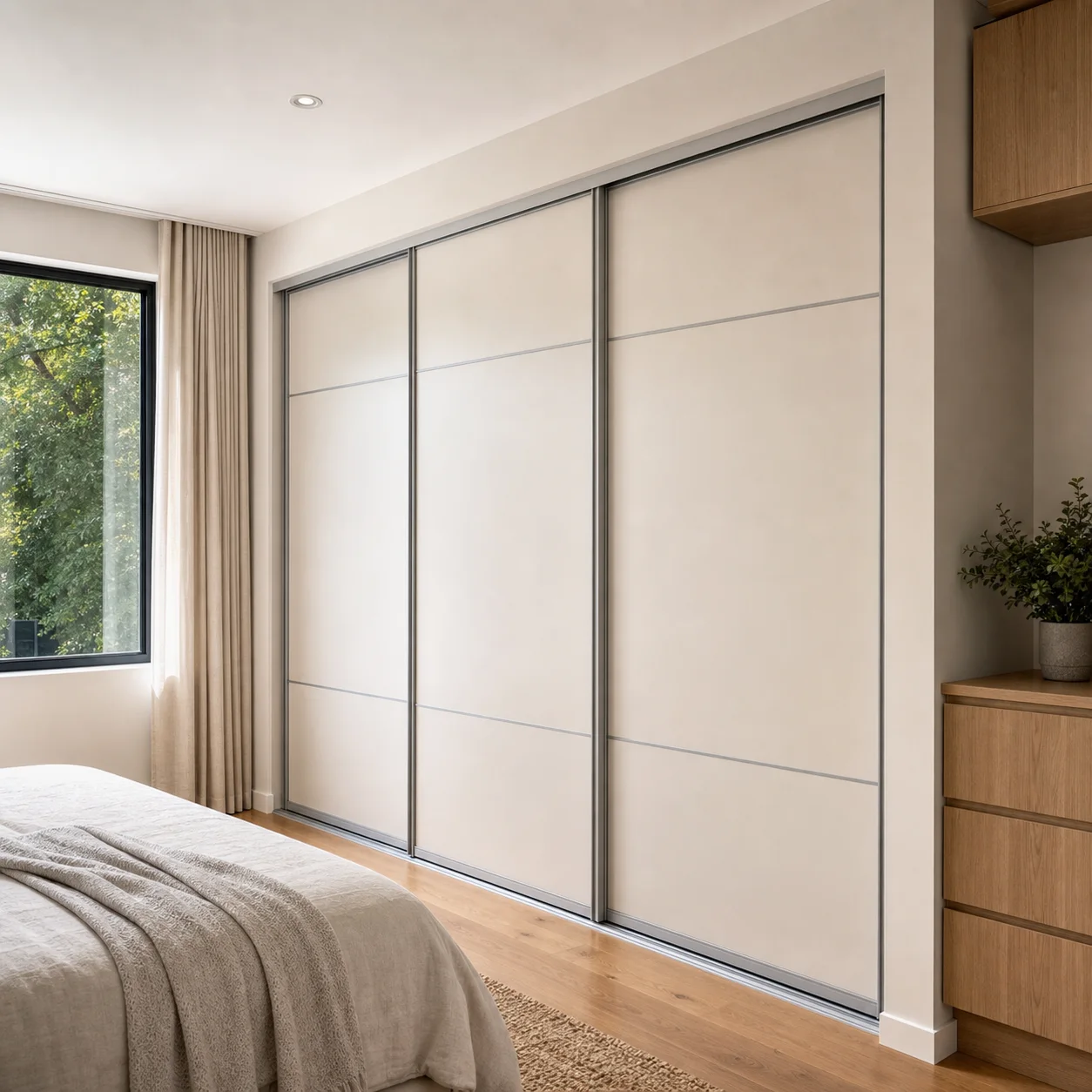 Aluminium sliding wardrobe doors in a modern bedroom