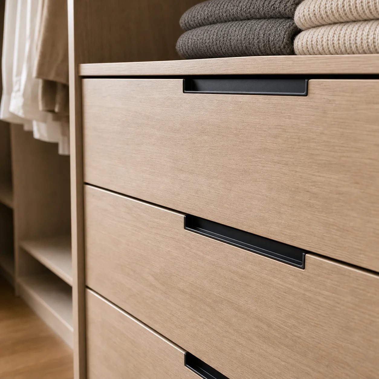 Close-up of wardrobe drawer fronts with recessed black pulls and tight shadow gaps