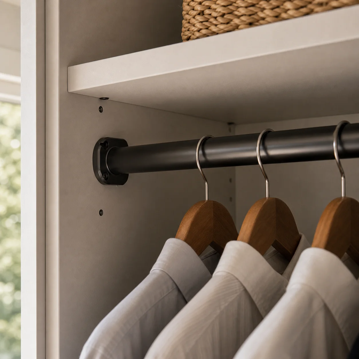 Close-up of wardrobe hanging rail bracket and shelf edge detail