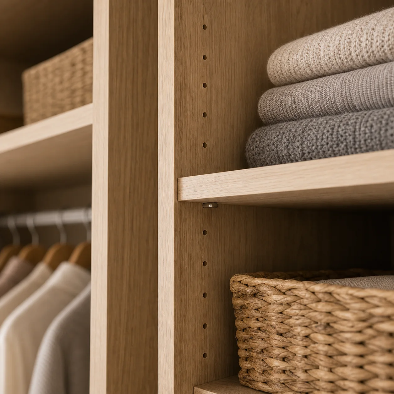 Close-up of adjustable wardrobe shelf pins, shelf edges and folded linen