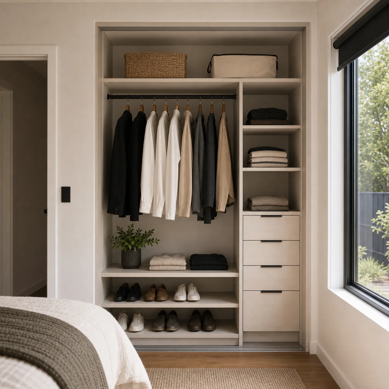 Compact reach-in wardrobe internal system with hanging, shelves and drawers