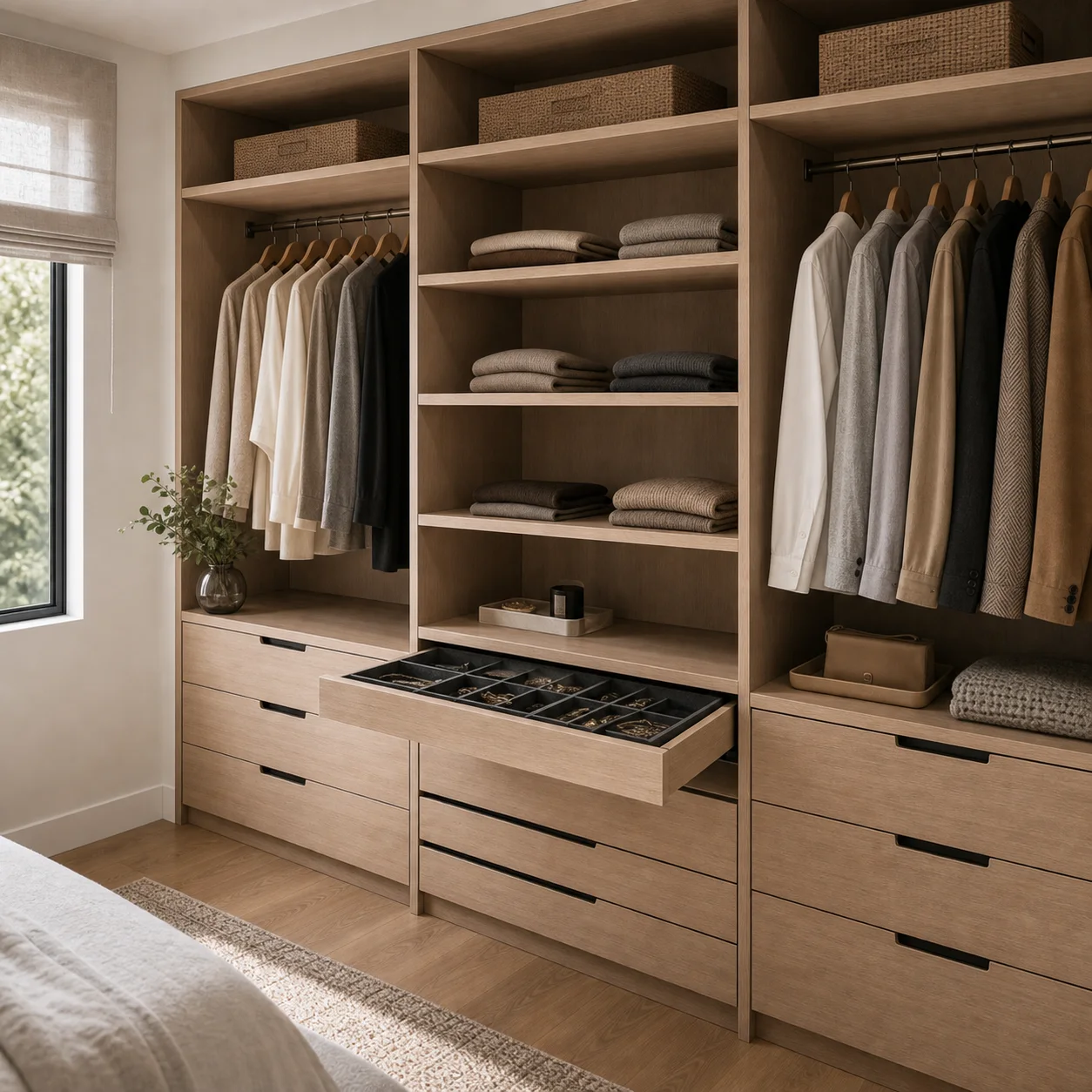 Custom wardrobe internal layout with drawer banks and folded storage