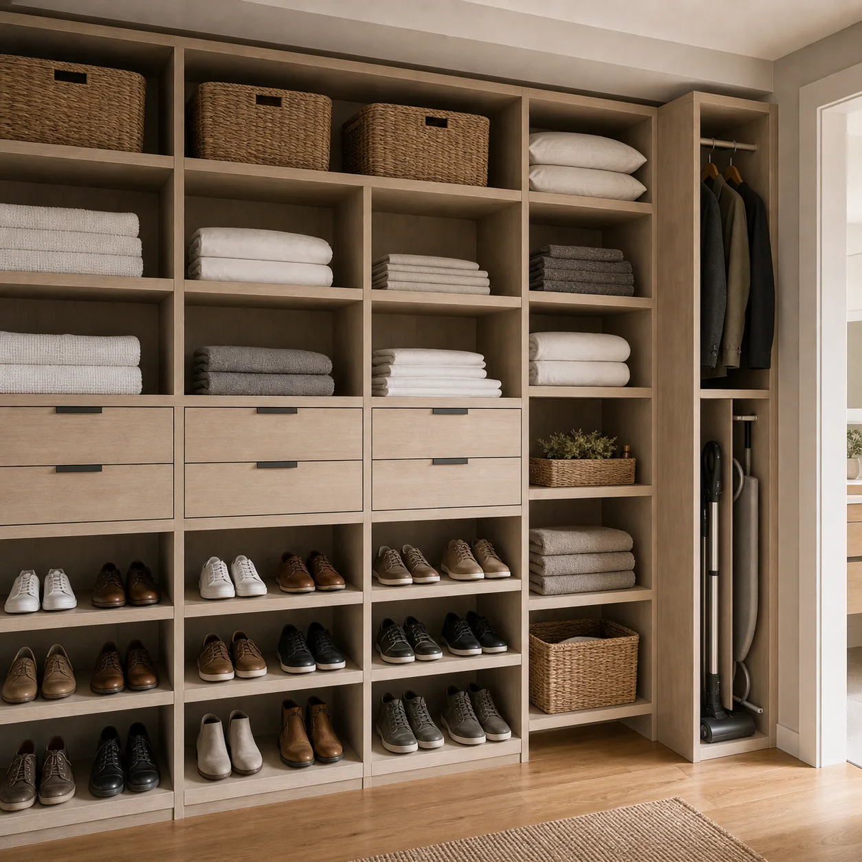 Wardrobe internals with shoe storage, linen shelves and tall storage