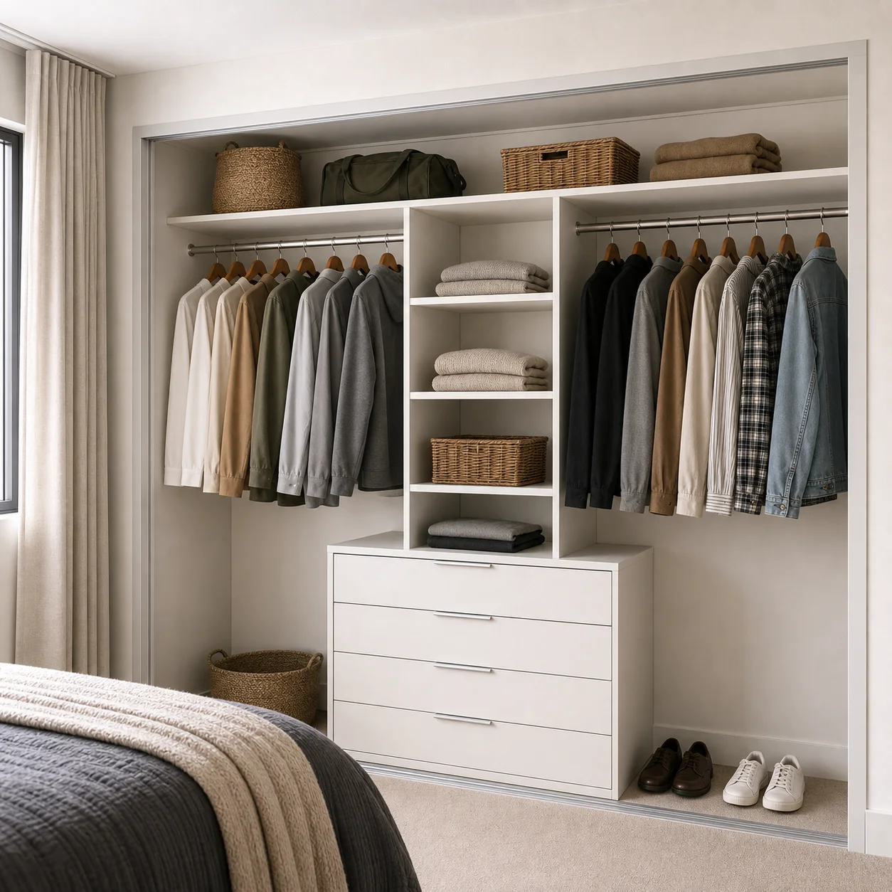 Standard wardrobe internal layout with double hanging rails, shelves and drawers