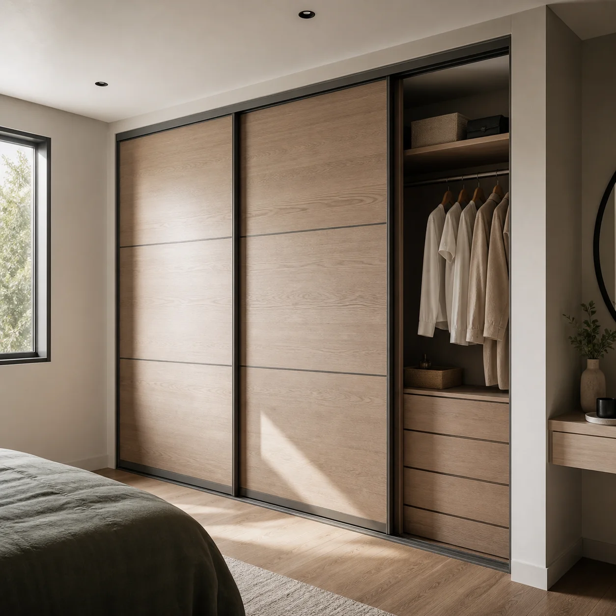 Robemaker style wardrobe doors with timber-look sliding panels