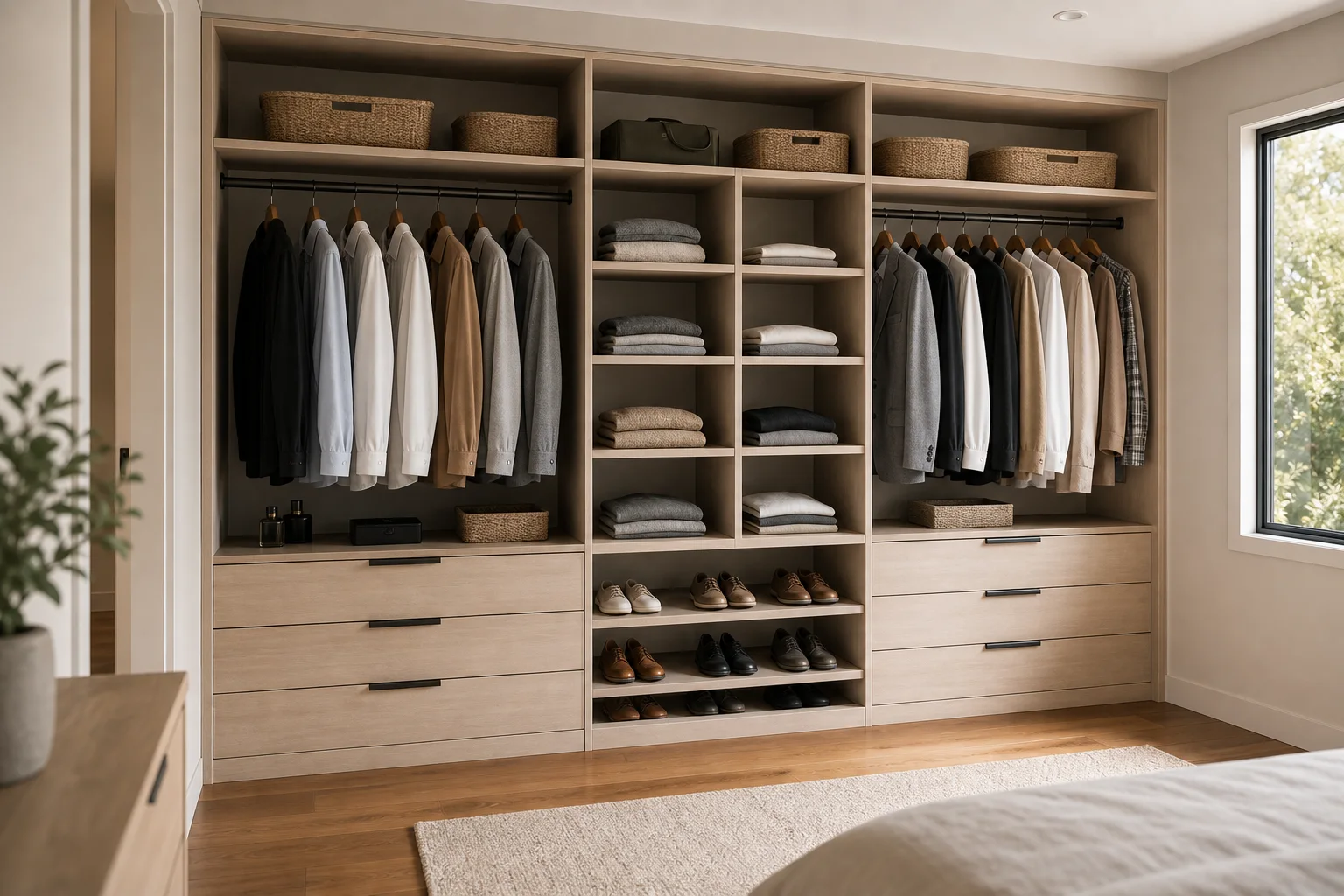 Standard wardrobe system with shelves, rails and drawers